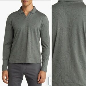 Robert Barakett Barnes Jacquard Long Sleeve Open Collar Polo M Green Gray Mens
